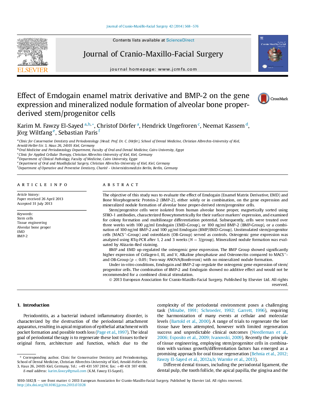 Effect of Emdogain enamel matrix derivative and BMP-2 on the gene expression and mineralized nodule formation of alveolar bone proper-derived stem/progenitor cells