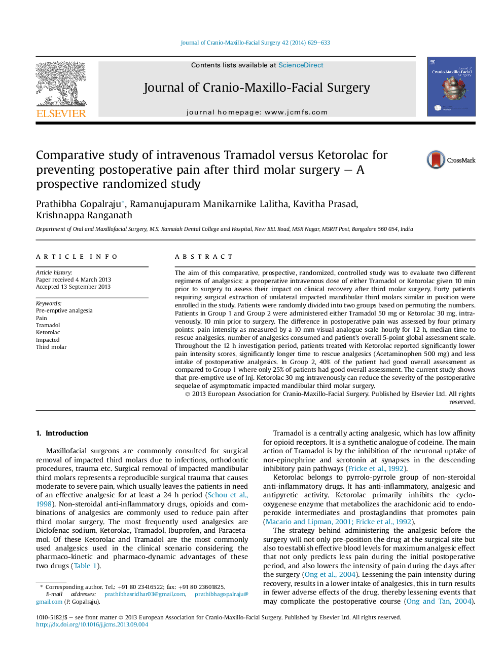 Comparative study of intravenous Tramadol versus Ketorolac for preventing postoperative pain after third molar surgery – A prospective randomized study