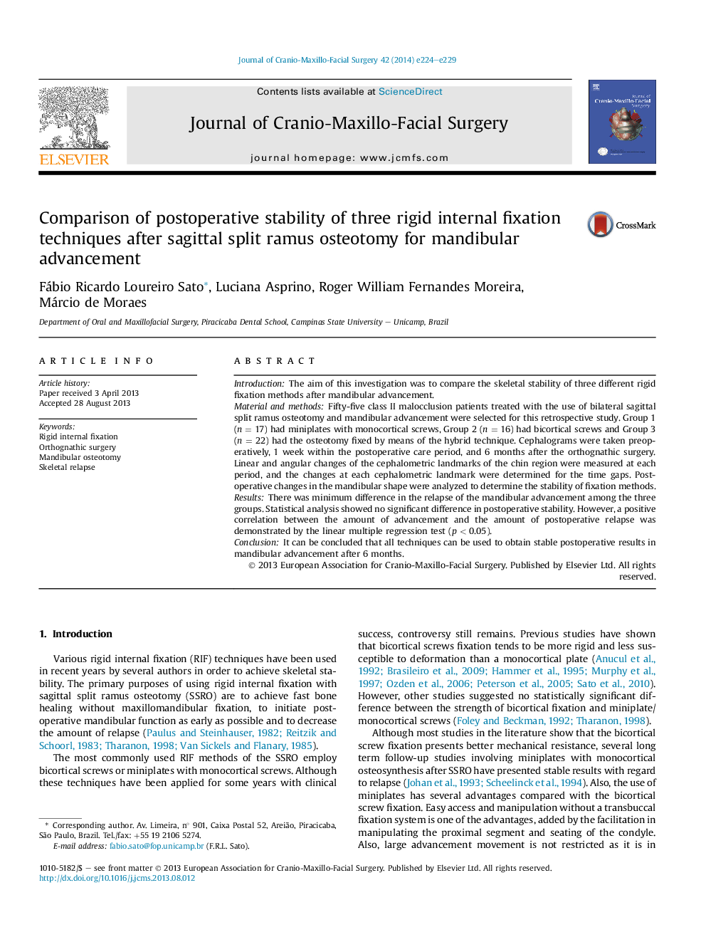 Comparison of postoperative stability of three rigid internal fixation techniques after sagittal split ramus osteotomy for mandibular advancement