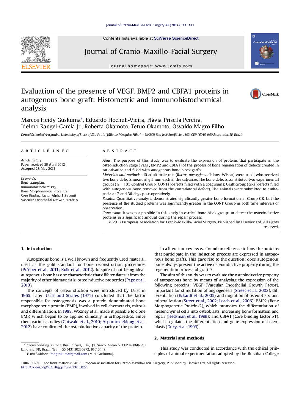 Evaluation of the presence of VEGF, BMP2 and CBFA1 proteins in autogenous bone graft: Histometric and immunohistochemical analysis