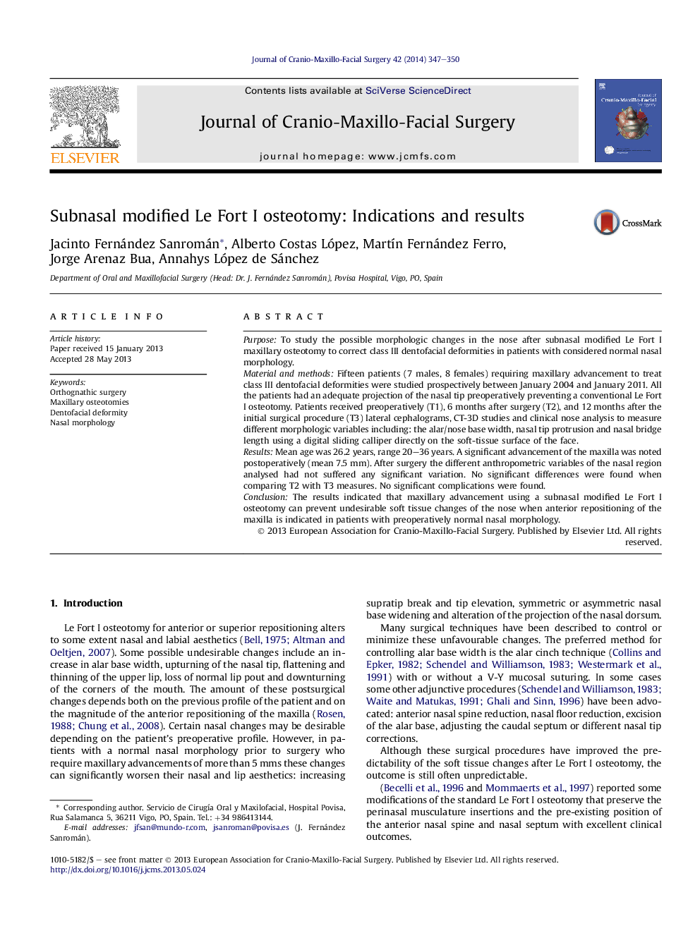 Subnasal modified Le Fort I osteotomy: Indications and results