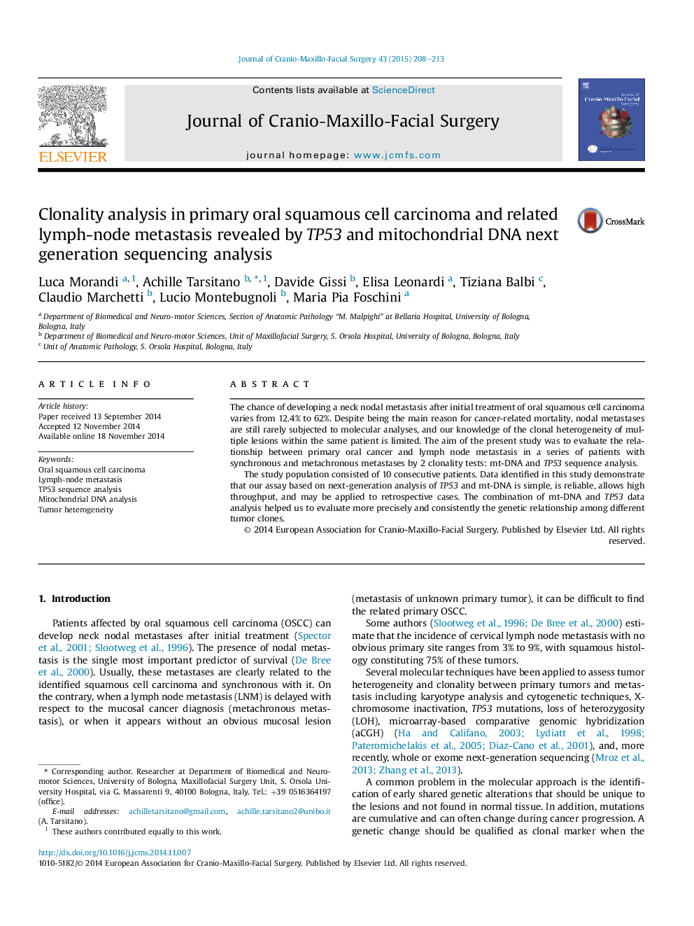 Clonality analysis in primary oral squamous cell carcinoma and related lymph-node metastasis revealed by TP53 and mitochondrial DNA next generation sequencing analysis