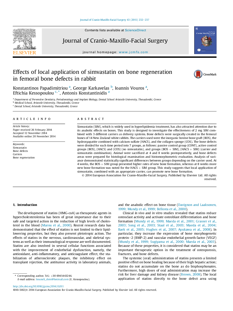 Effects of local application of simvastatin on bone regeneration in femoral bone defects in rabbit