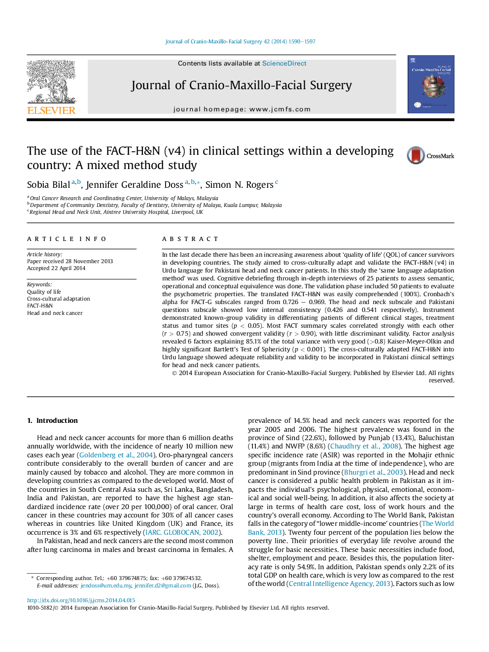 The use of the FACT-H&N (v4) in clinical settings within a developing country: A mixed method study