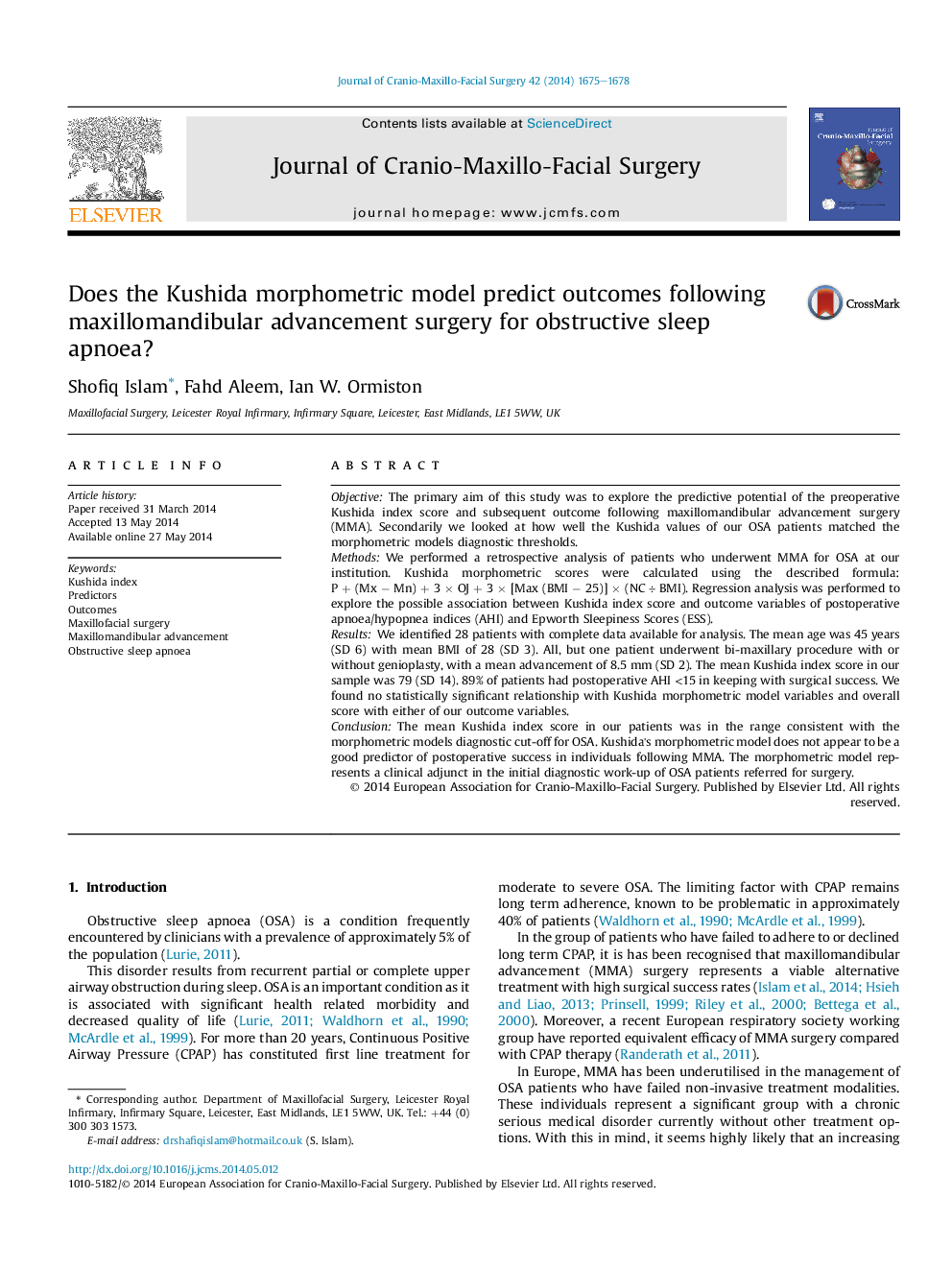 Does the Kushida morphometric model predict outcomes following maxillomandibular advancement surgery for obstructive sleep apnoea?