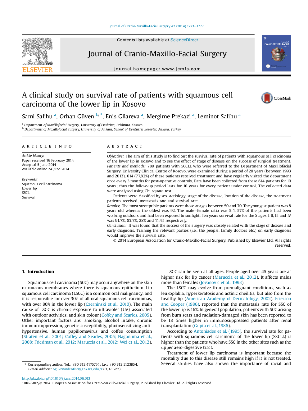 A clinical study on survival rate of patients with squamous cell carcinoma of the lower lip in Kosovo