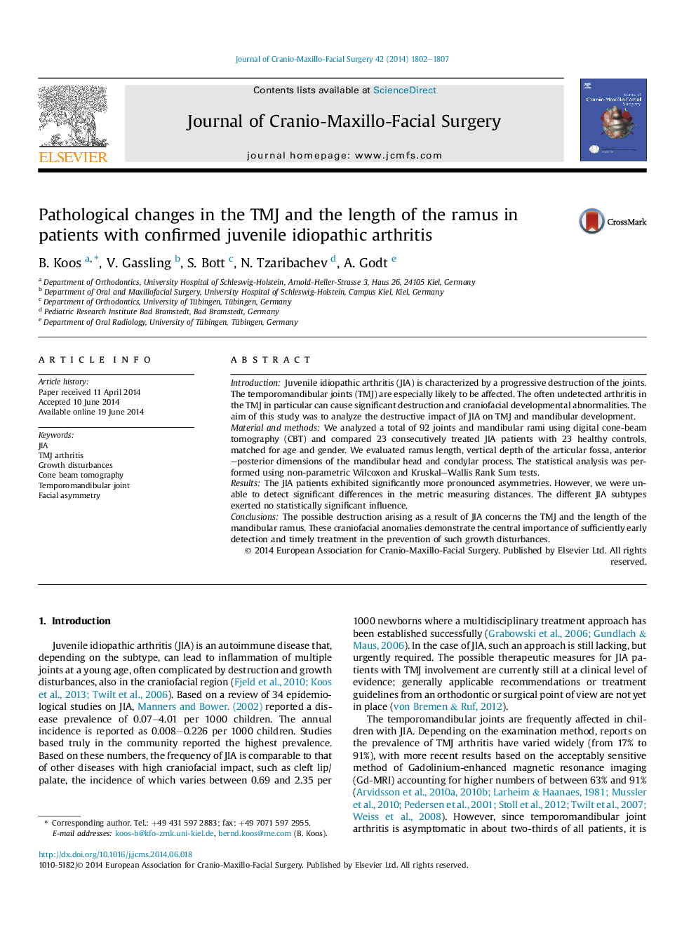 Pathological changes in the TMJ and the length of the ramus in patients with confirmed juvenile idiopathic arthritis