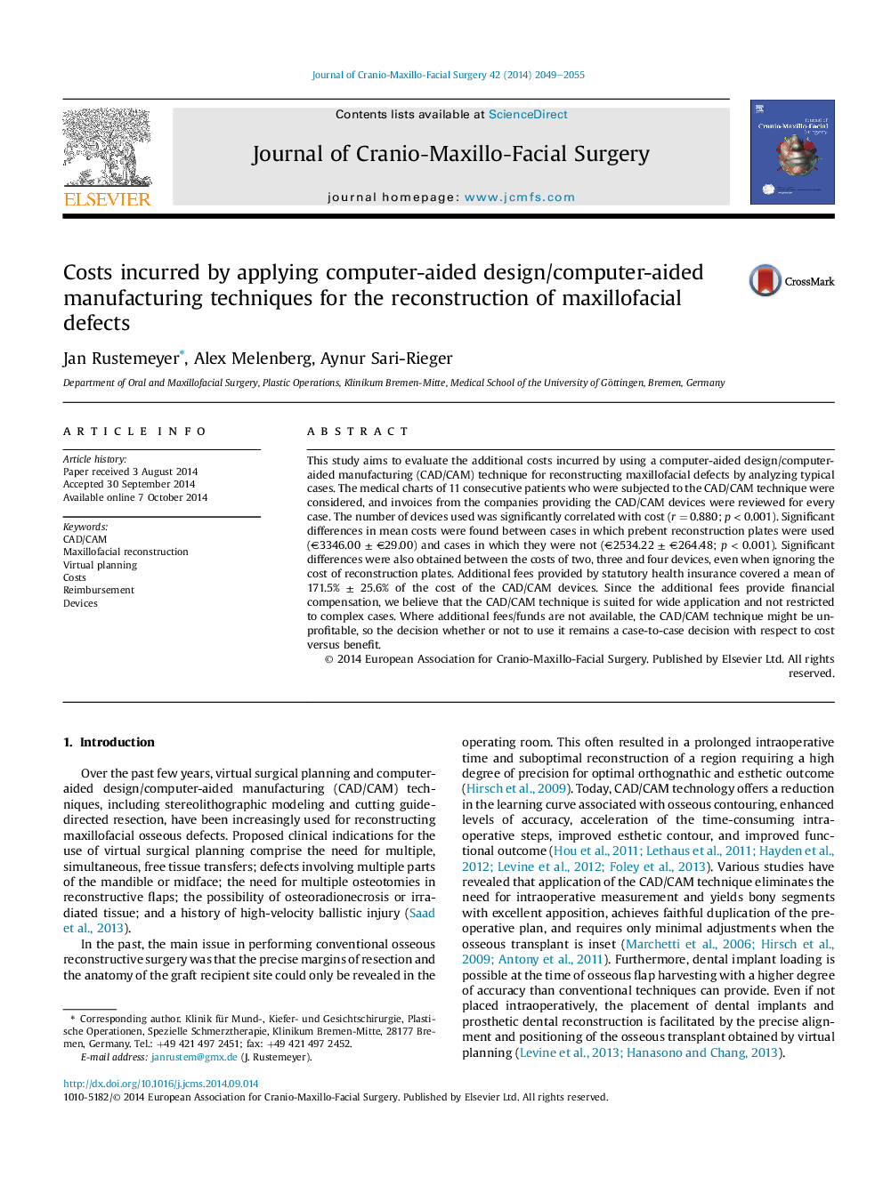 Costs incurred by applying computer-aided design/computer-aided manufacturing techniques for the reconstruction of maxillofacial defects