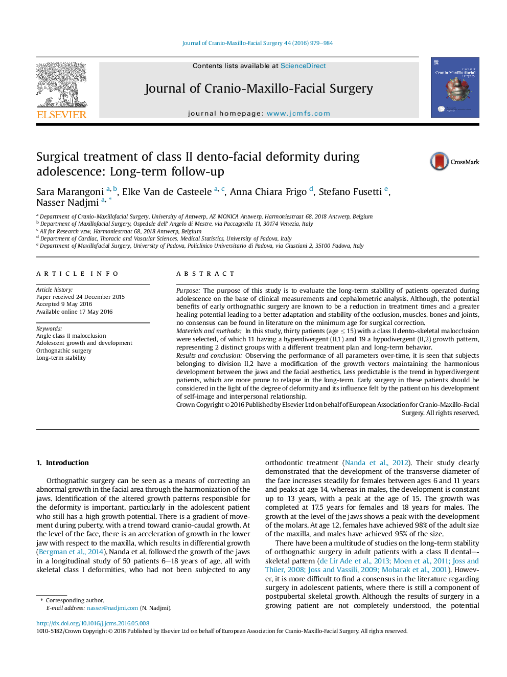 Surgical treatment of class II dento-facial deformity during adolescence: Long-term follow-up