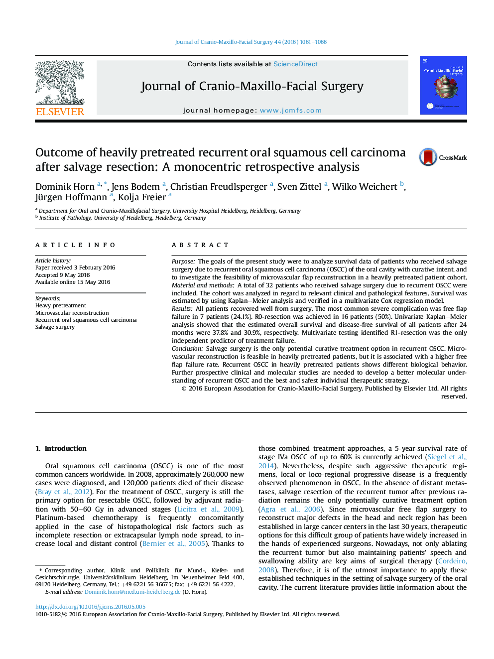 Outcome of heavily pretreated recurrent oral squamous cell carcinoma after salvage resection: A monocentric retrospective analysis