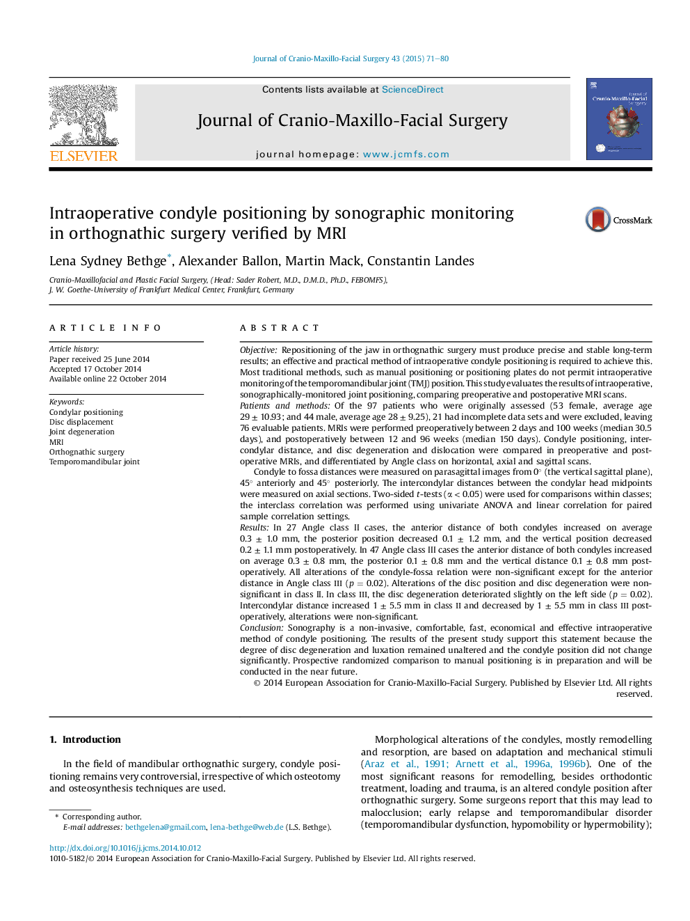 Intraoperative condyle positioning by sonographic monitoring in orthognathic surgery verified by MRI