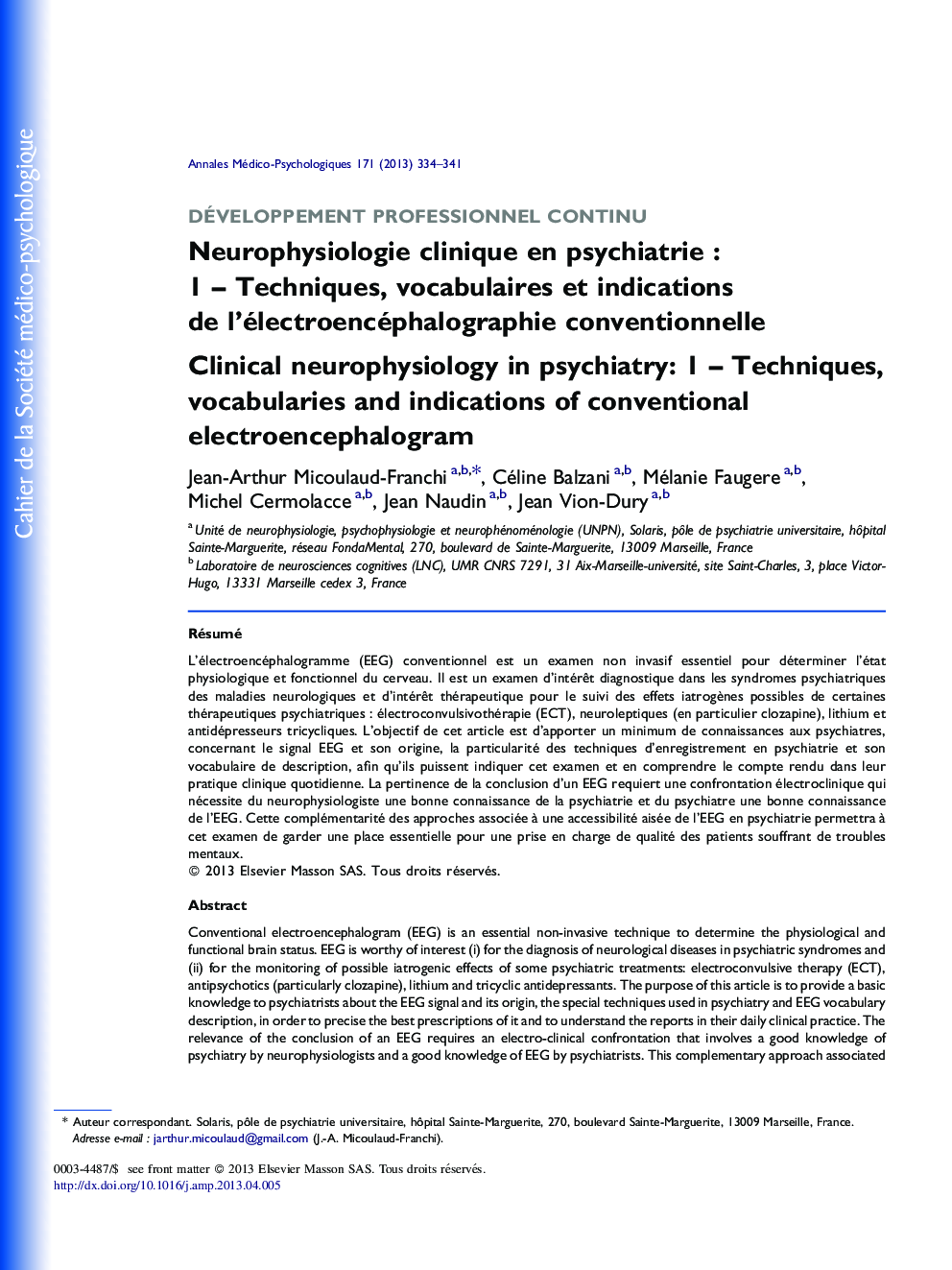 Neurophysiologie clinique en psychiatrie : 1 – Techniques, vocabulaires et indications de l’électroencéphalographie conventionnelle