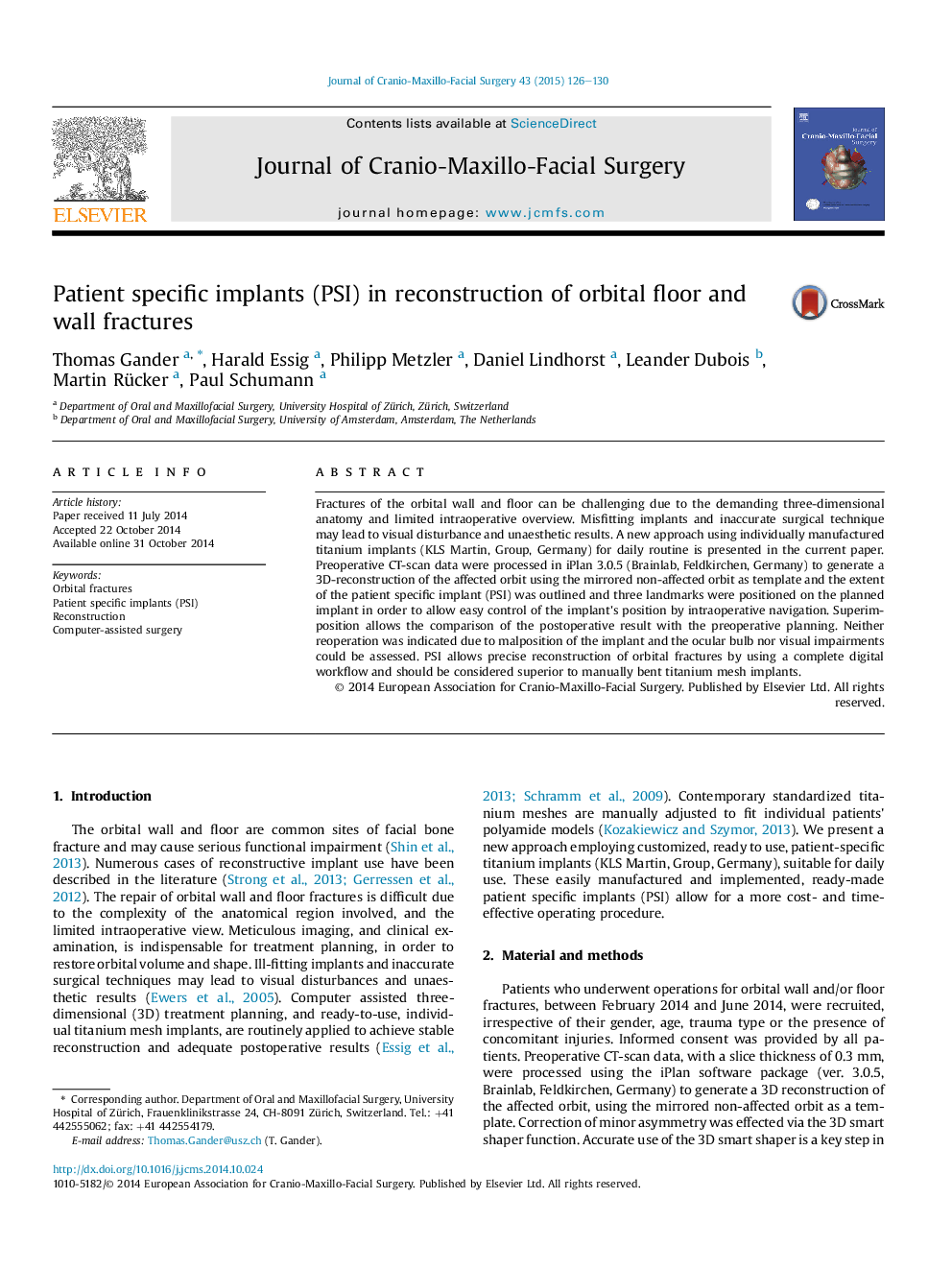 Patient specific implants (PSI) in reconstruction of orbital floor and wall fractures