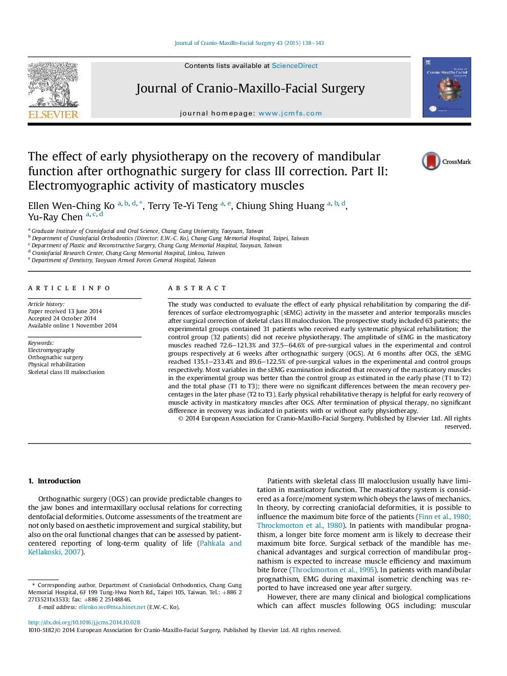 The effect of early physiotherapy on the recovery of mandibular function after orthognathic surgery for class III correction. Part II: Electromyographic activity of masticatory muscles