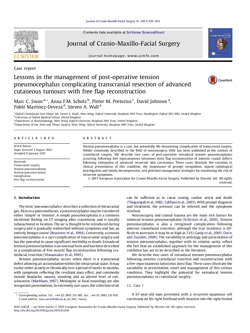 Lessons in the management of post-operative tension pneumocephalus complicating transcranial resection of advanced cutaneous tumours with free flap reconstruction