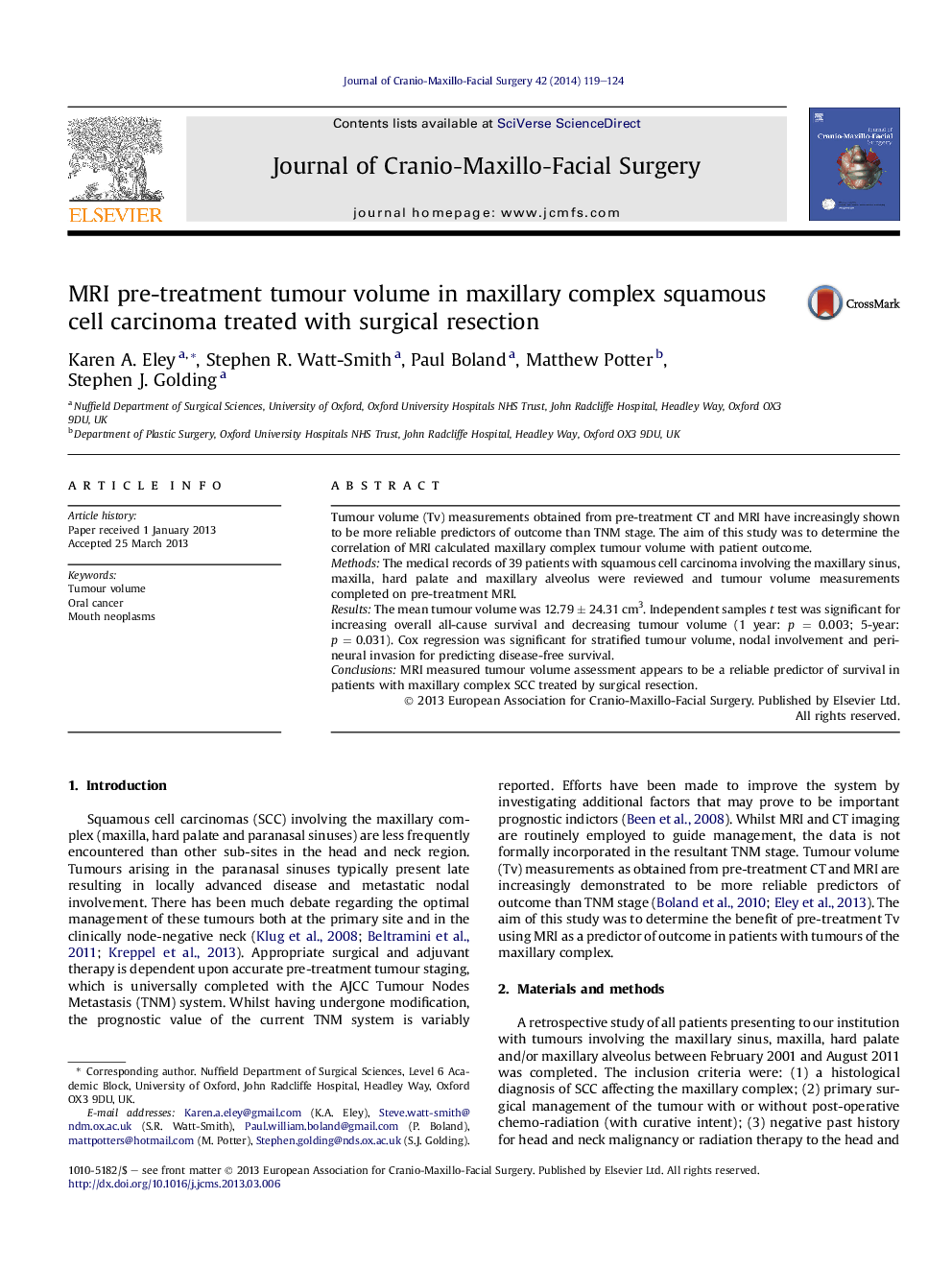 MRI pre-treatment tumour volume in maxillary complex squamous cell carcinoma treated with surgical resection