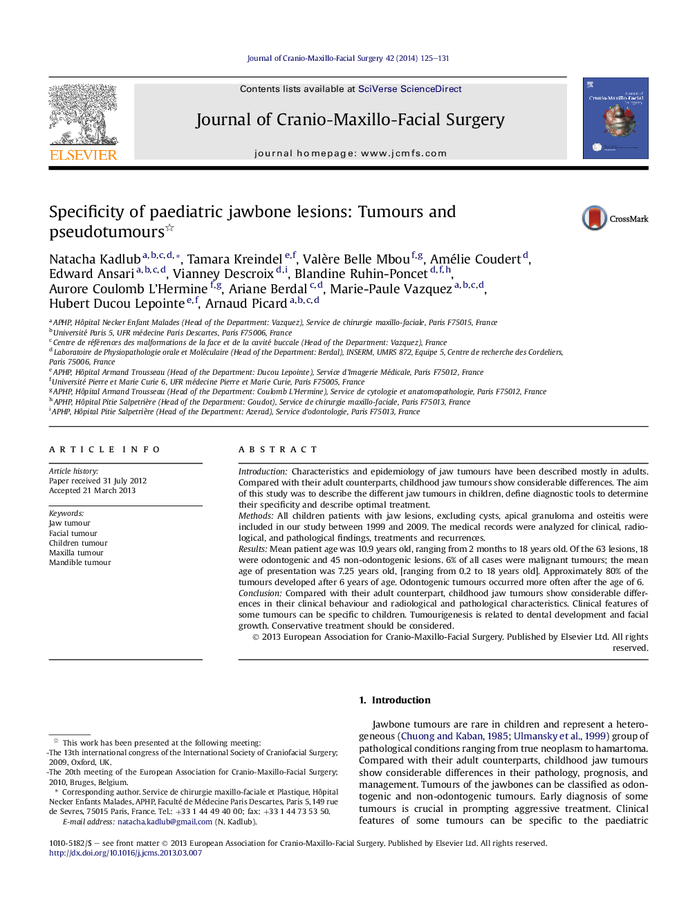 Specificity of paediatric jawbone lesions: Tumours and pseudotumours 