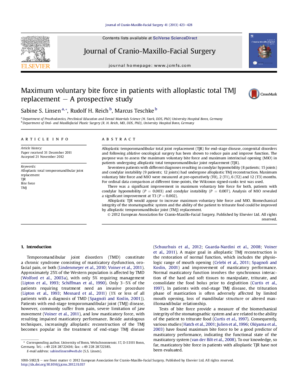 Maximum voluntary bite force in patients with alloplastic total TMJ replacement – A prospective study