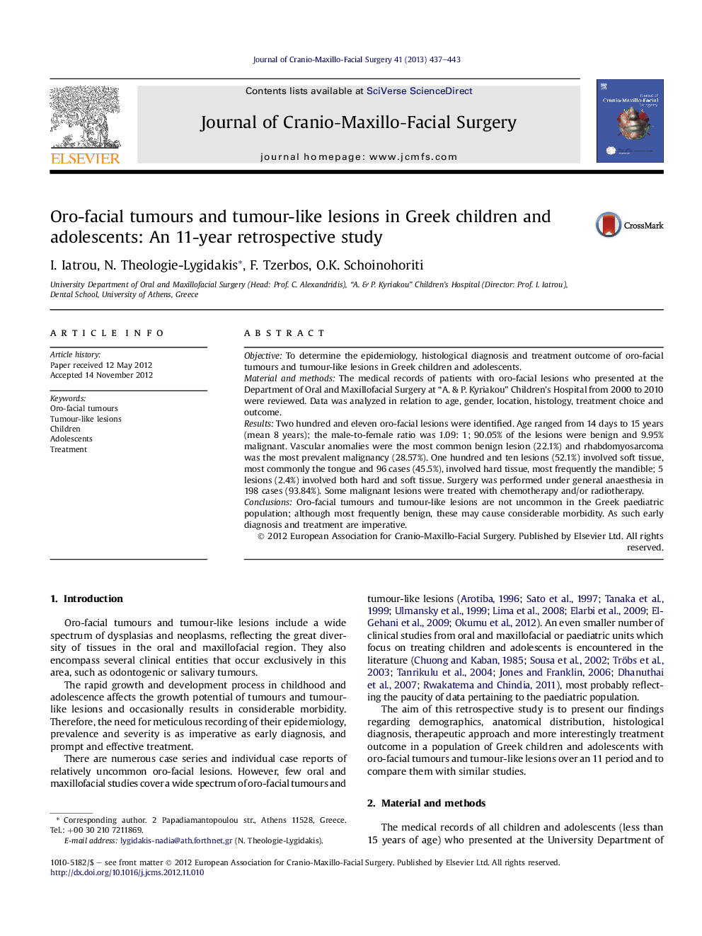 Oro-facial tumours and tumour-like lesions in Greek children and adolescents: An 11-year retrospective study