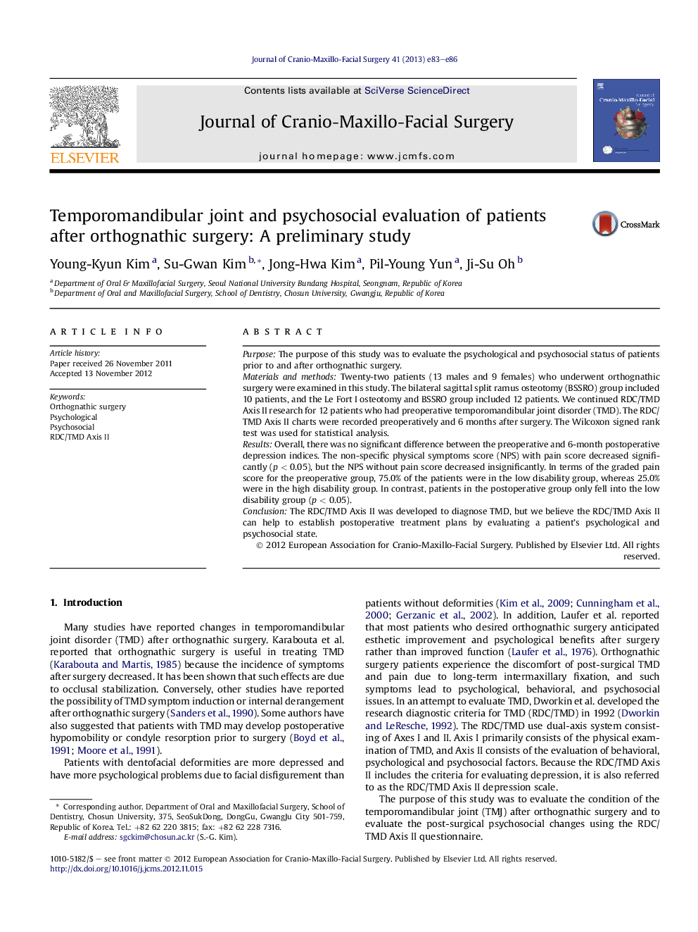 Temporomandibular joint and psychosocial evaluation of patients after orthognathic surgery: A preliminary study