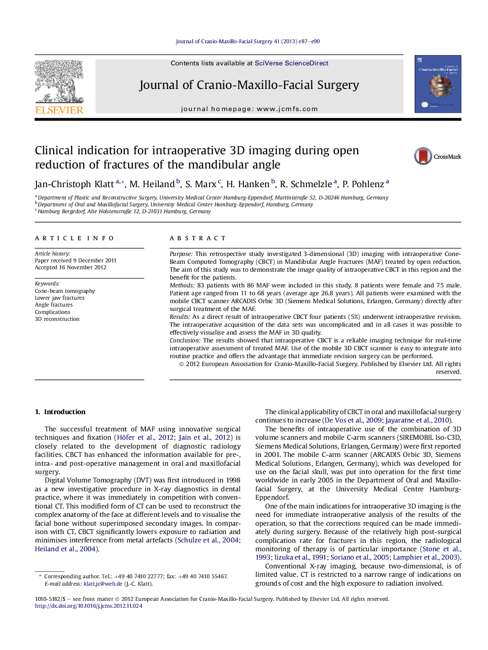 Clinical indication for intraoperative 3D imaging during open reduction of fractures of the mandibular angle