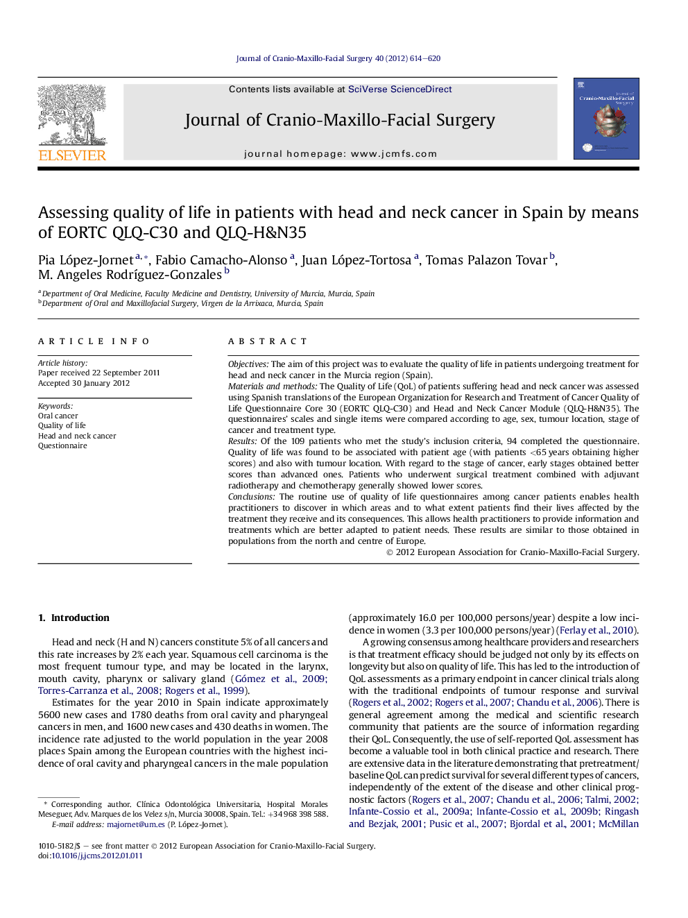 Assessing quality of life in patients with head and neck cancer in Spain by means of EORTC QLQ-C30 and QLQ-H&N35