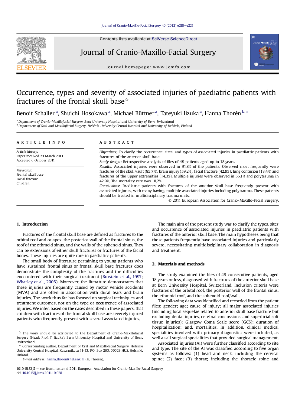 Occurrence, types and severity of associated injuries of paediatric patients with fractures of the frontal skull base 