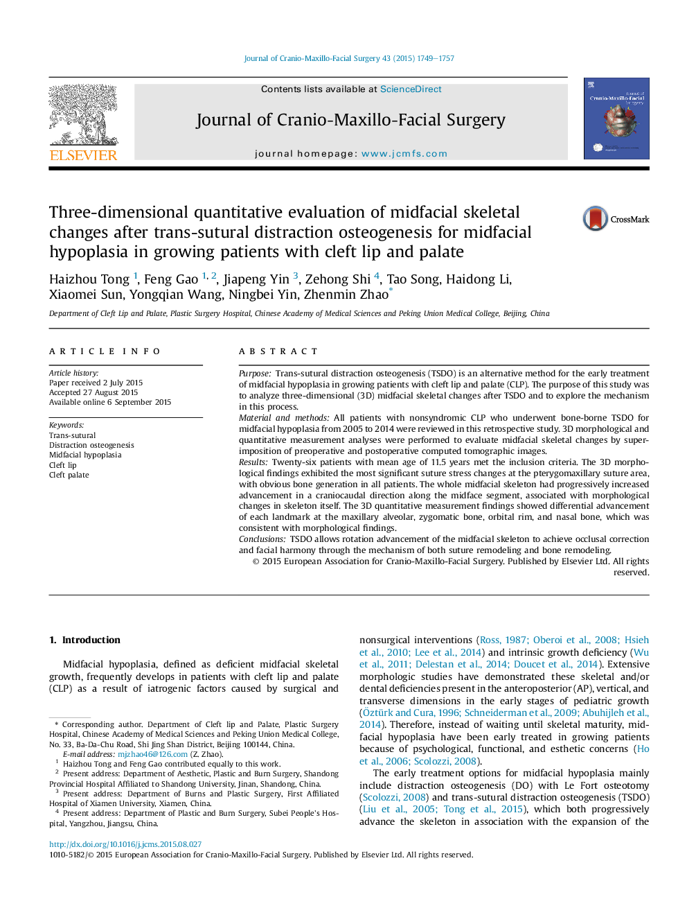 Three-dimensional quantitative evaluation of midfacial skeletal changes after trans-sutural distraction osteogenesis for midfacial hypoplasia in growing patients with cleft lip and palate