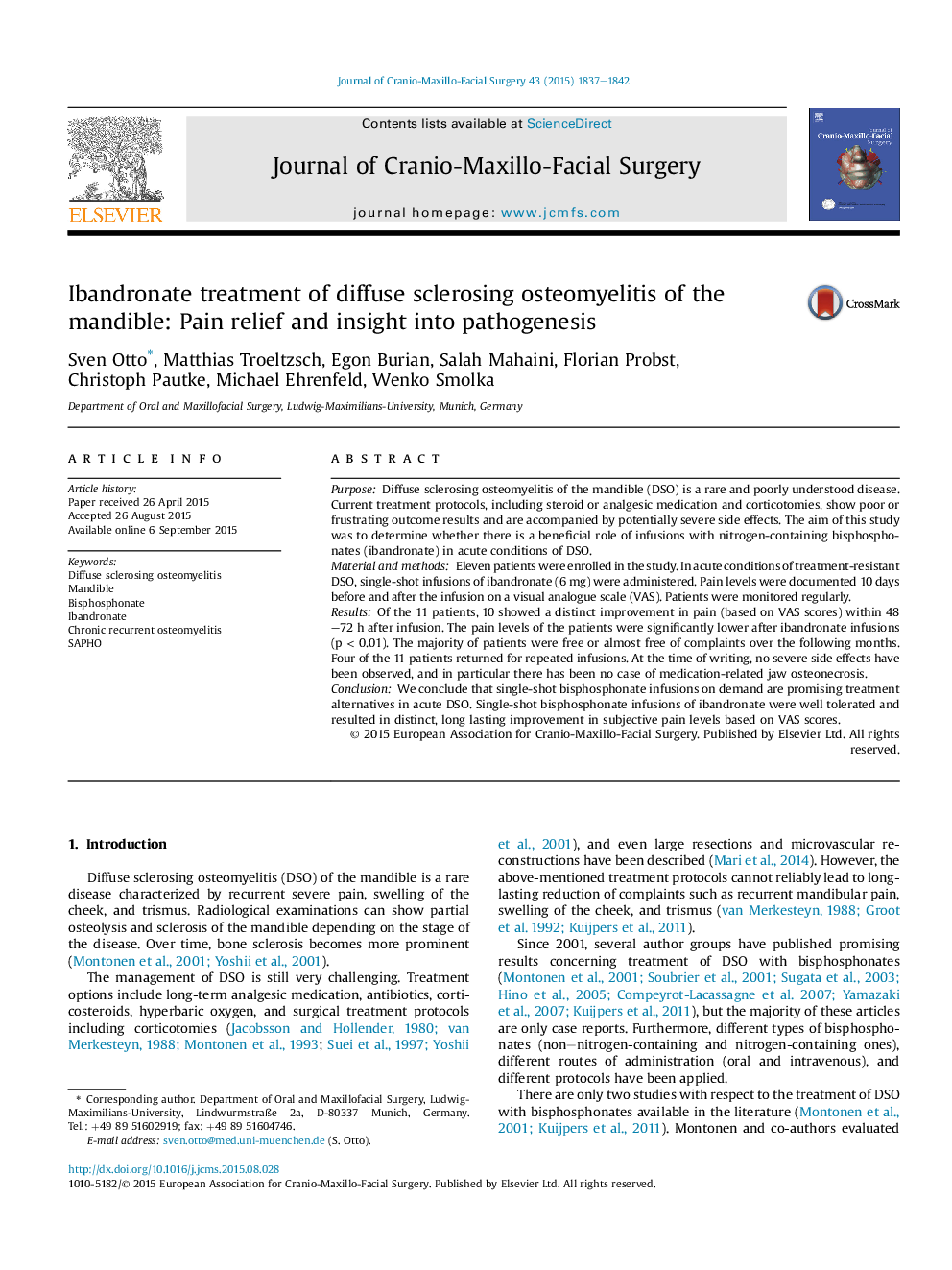 Ibandronate treatment of diffuse sclerosing osteomyelitis of the mandible: Pain relief and insight into pathogenesis