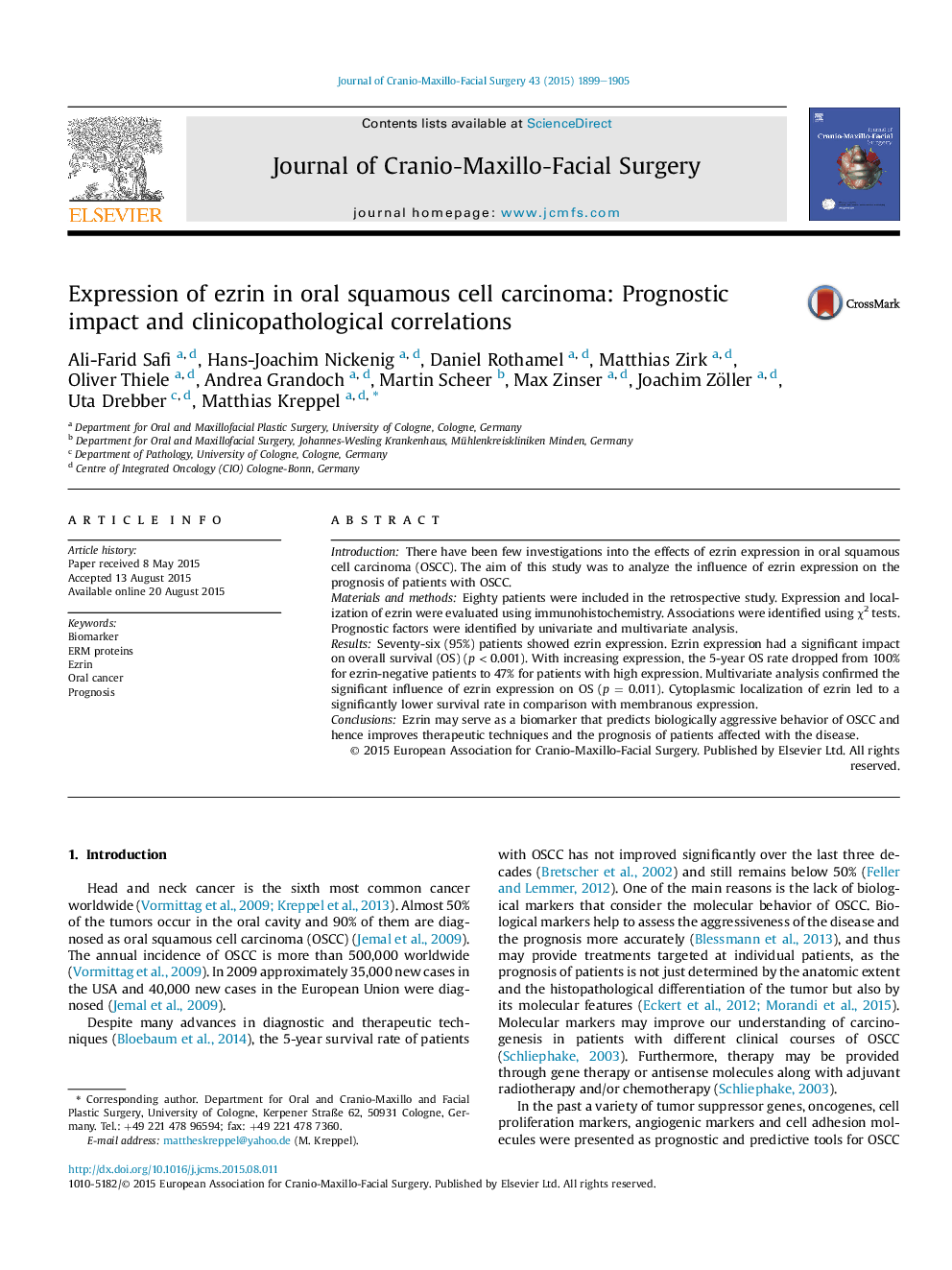 Expression of ezrin in oral squamous cell carcinoma: Prognostic impact and clinicopathological correlations