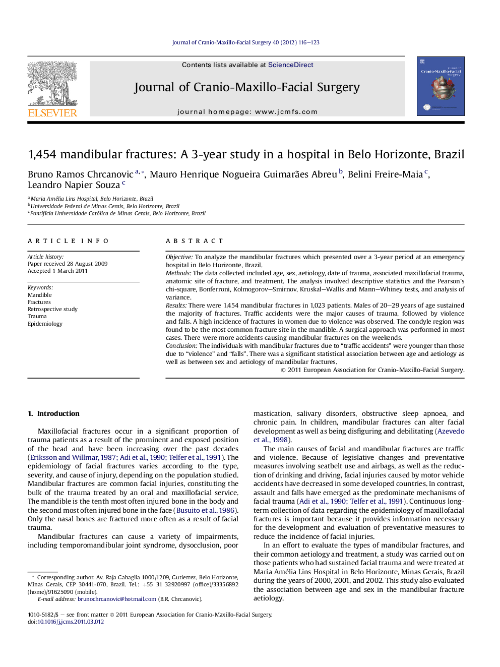 1,454 mandibular fractures: A 3-year study in a hospital in Belo Horizonte, Brazil