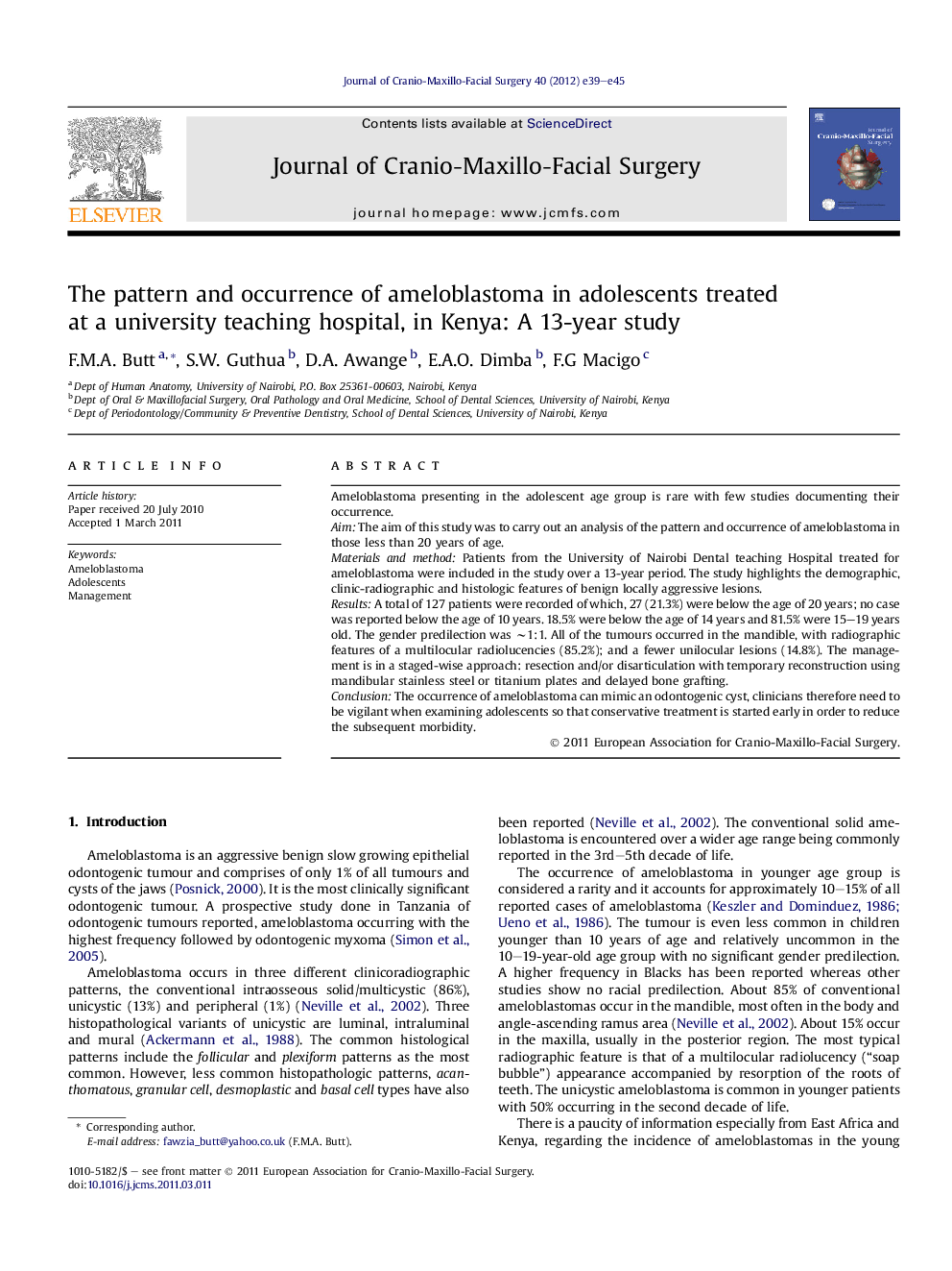 The pattern and occurrence of ameloblastoma in adolescents treated at a university teaching hospital, in Kenya: A 13-year study