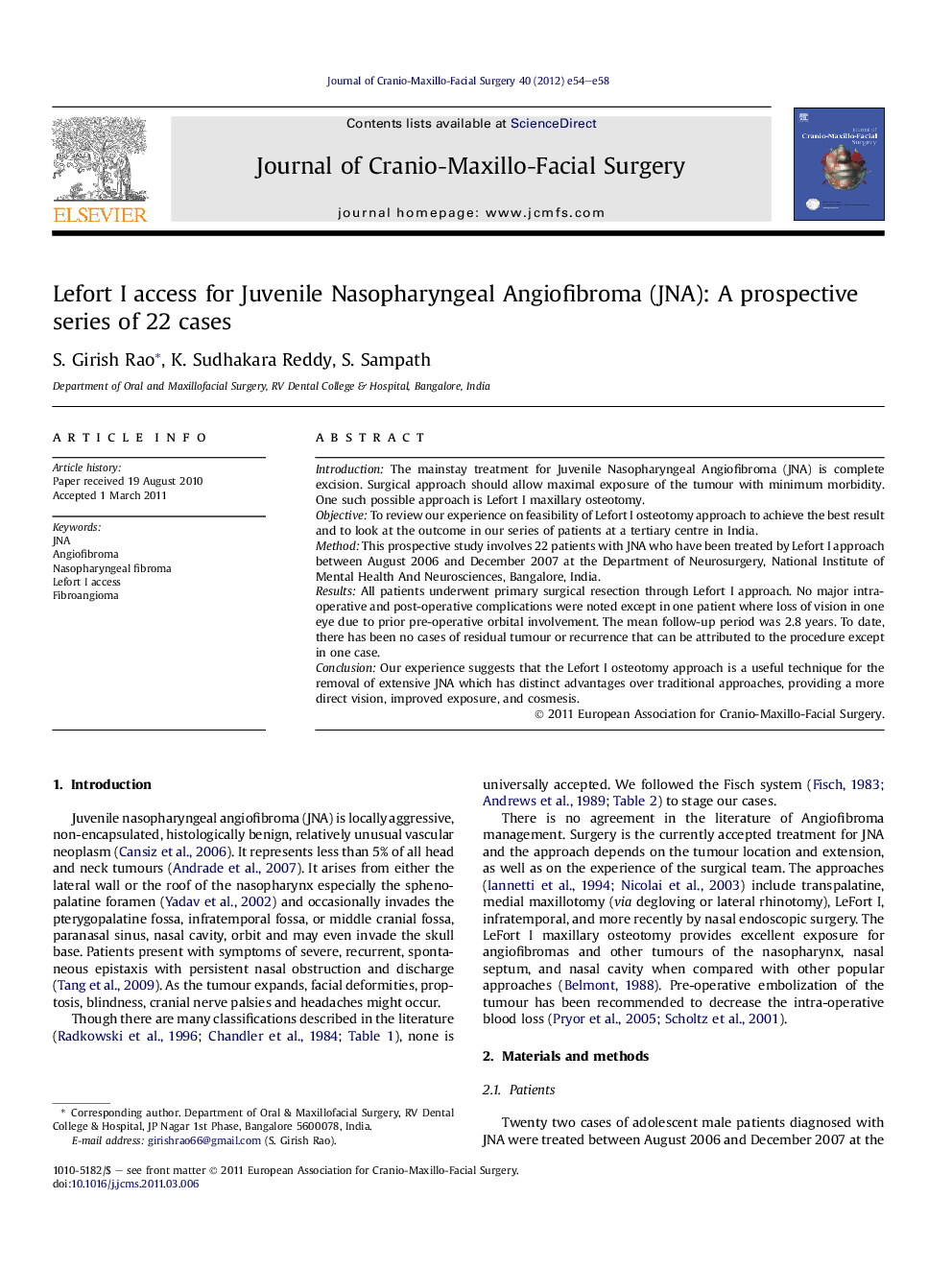 Lefort I access for Juvenile Nasopharyngeal Angiofibroma (JNA): A prospective series of 22 cases