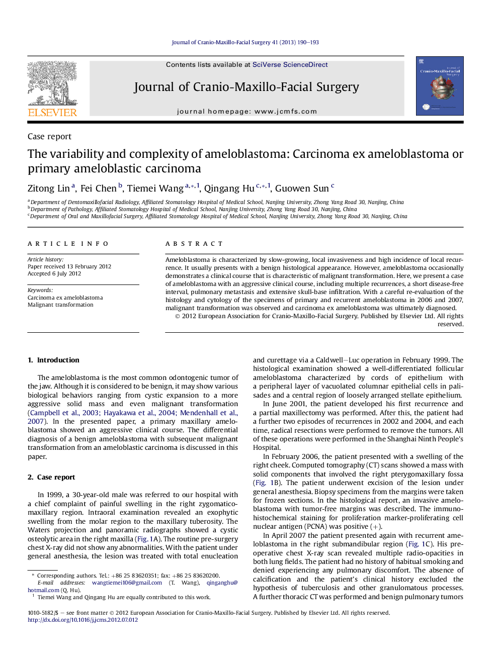 The variability and complexity of ameloblastoma: Carcinoma ex ameloblastoma or primary ameloblastic carcinoma