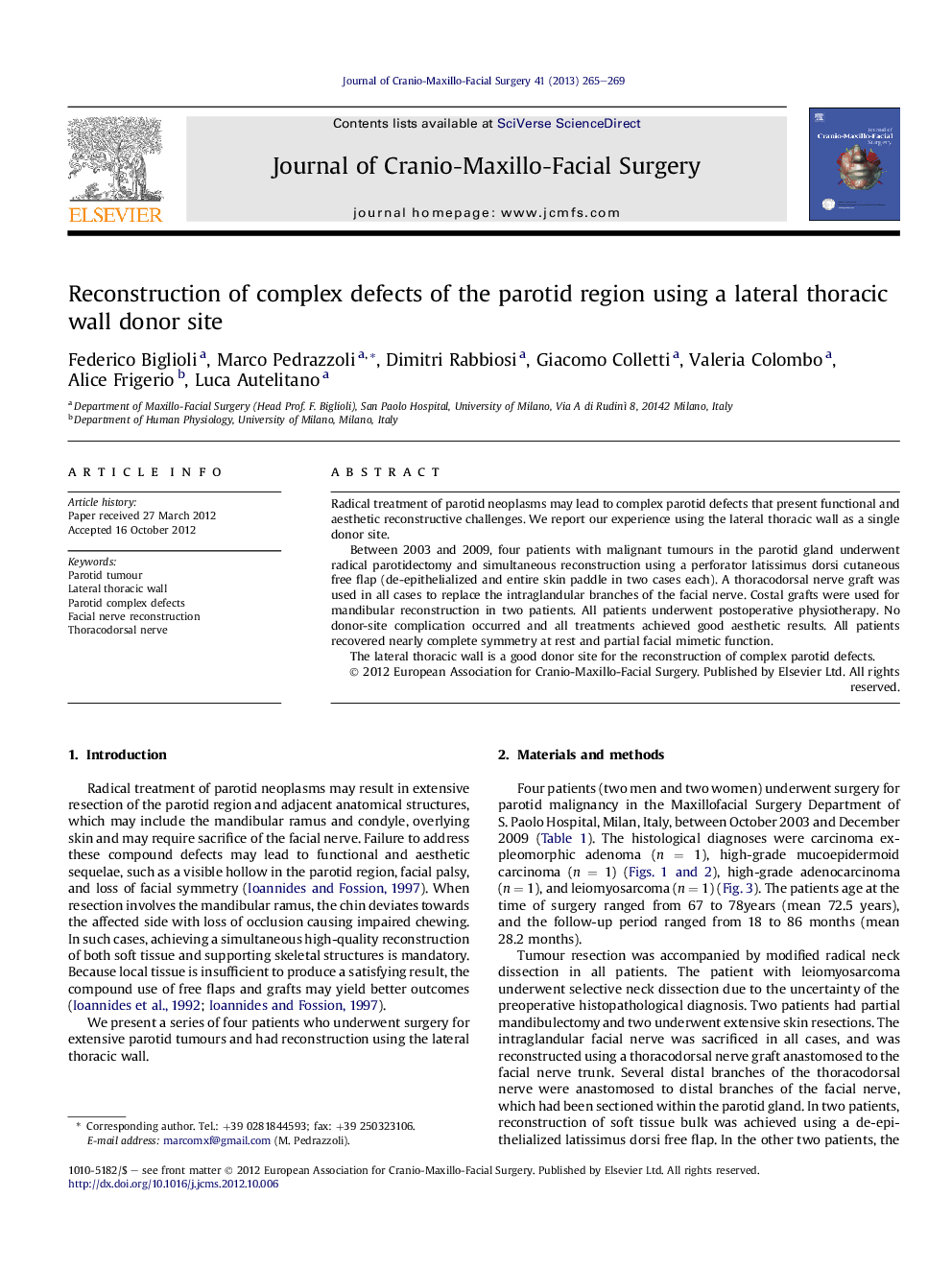 Reconstruction of complex defects of the parotid region using a lateral thoracic wall donor site