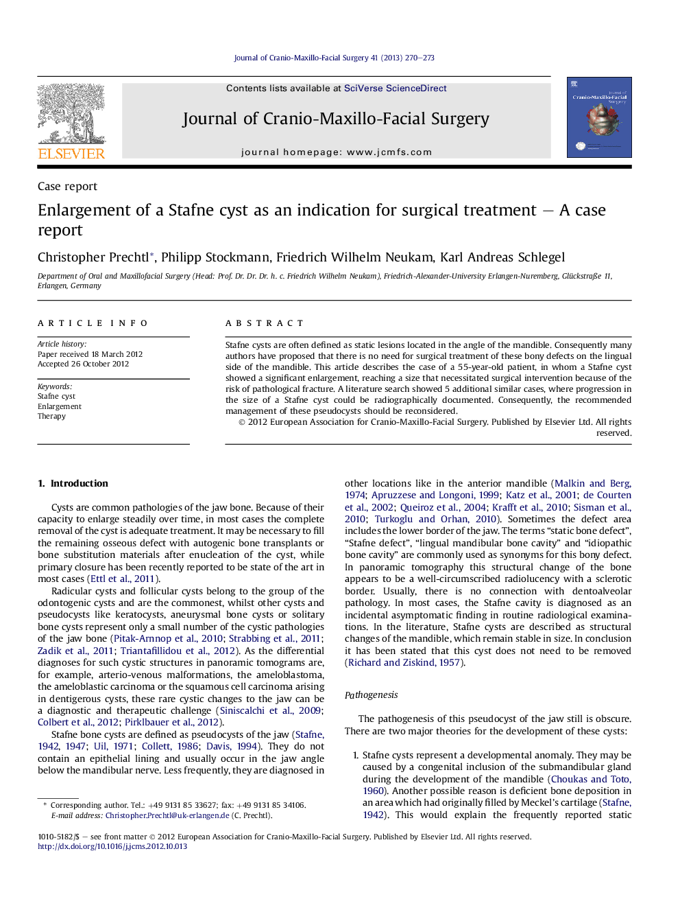 Enlargement of a Stafne cyst as an indication for surgical treatment – A case report