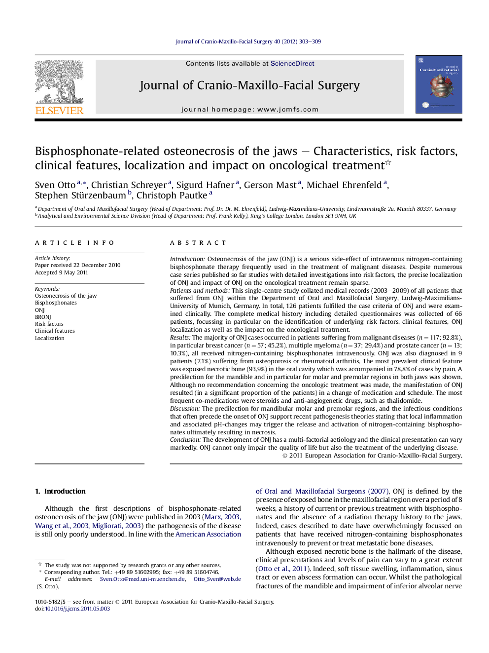 Bisphosphonate-related osteonecrosis of the jaws – Characteristics, risk factors, clinical features, localization and impact on oncological treatment 