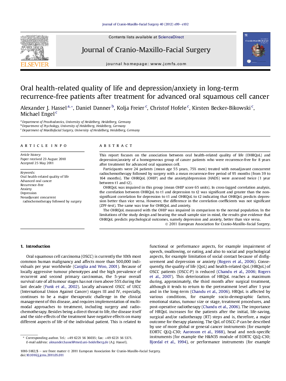 Oral health-related quality of life and depression/anxiety in long-term recurrence-free patients after treatment for advanced oral squamous cell cancer