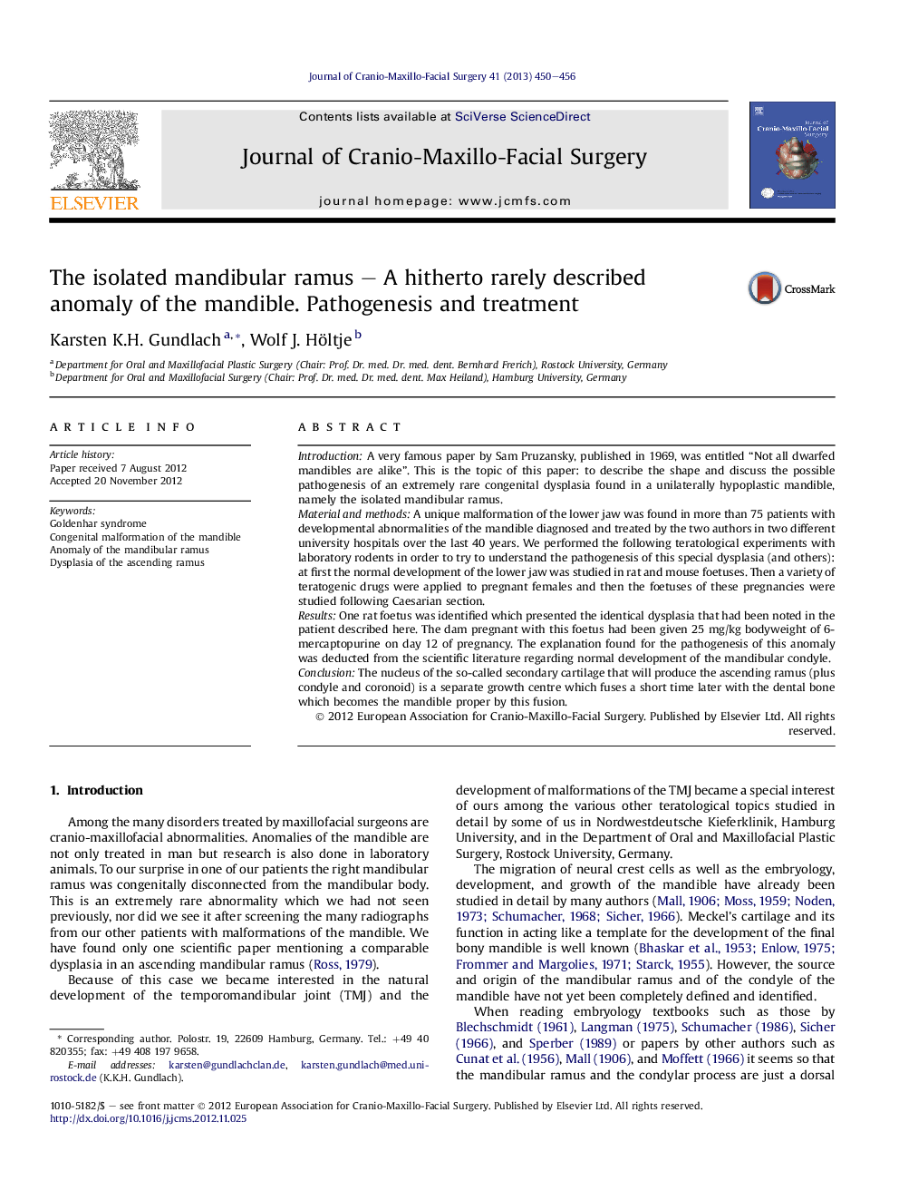 The isolated mandibular ramus – A hitherto rarely described anomaly of the mandible. Pathogenesis and treatment