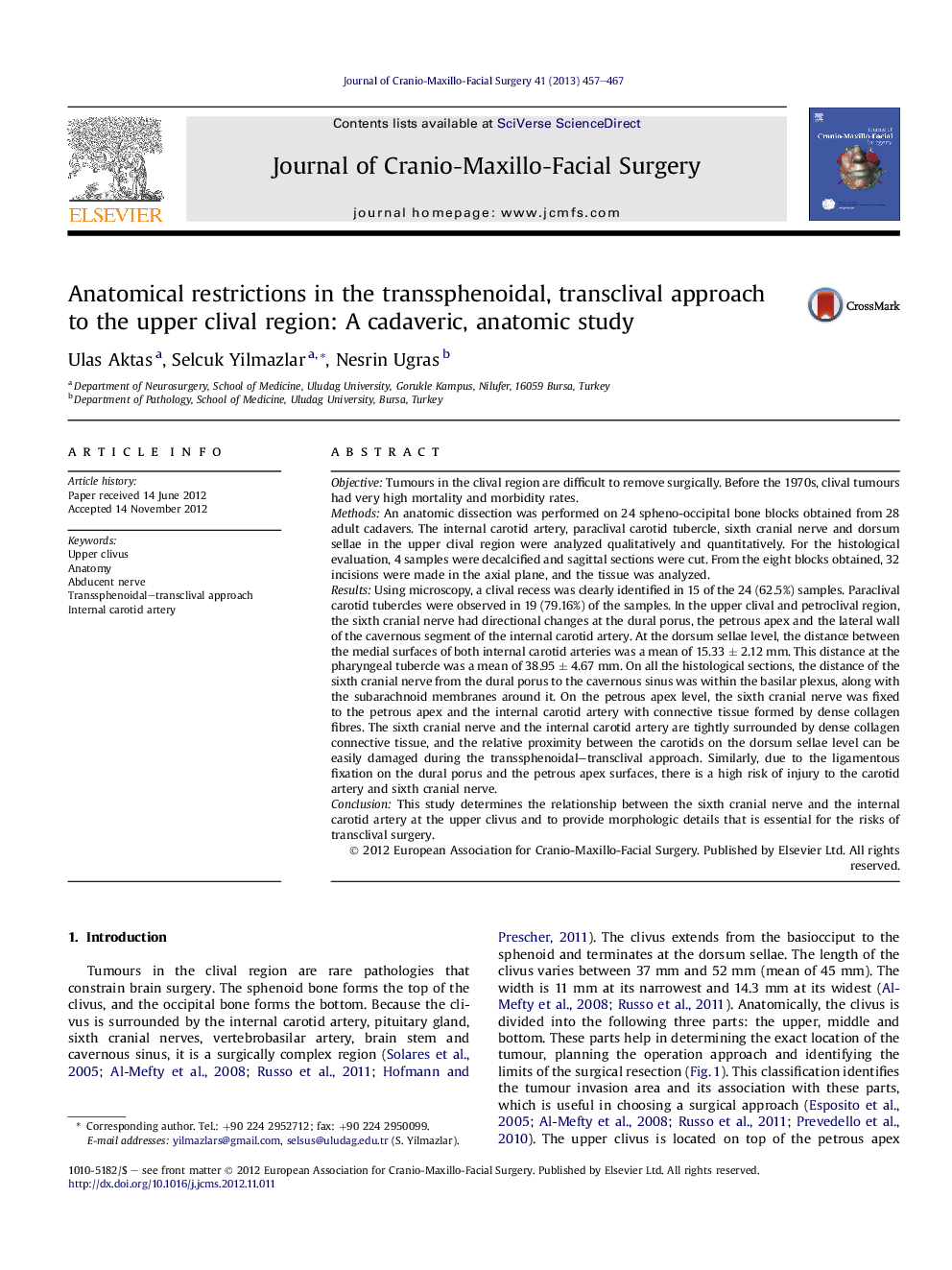 Anatomical restrictions in the transsphenoidal, transclival approach to the upper clival region: A cadaveric, anatomic study