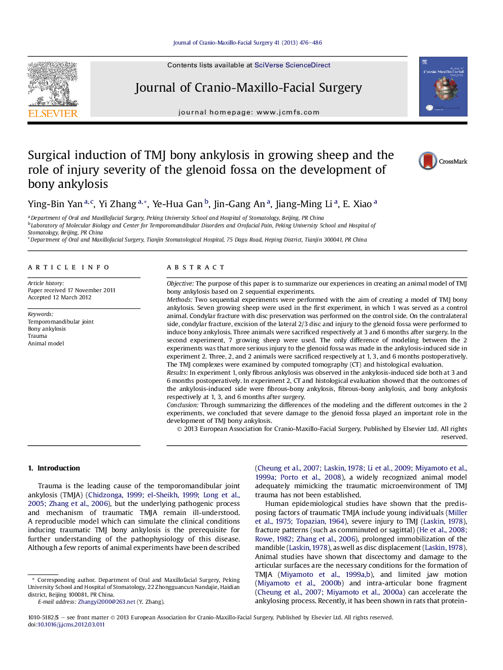 Surgical induction of TMJ bony ankylosis in growing sheep and the role of injury severity of the glenoid fossa on the development of bony ankylosis