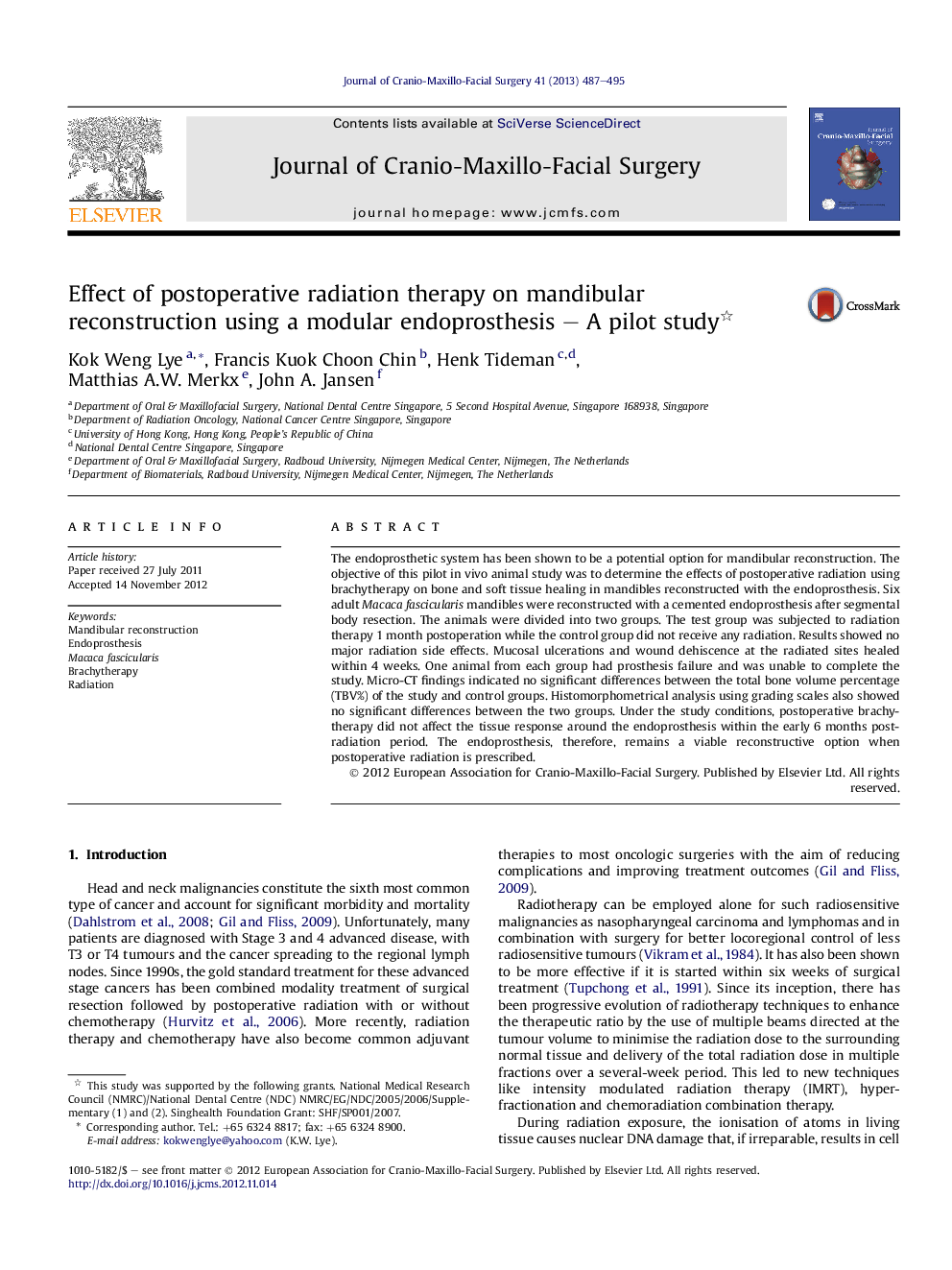 Effect of postoperative radiation therapy on mandibular reconstruction using a modular endoprosthesis - A pilot study