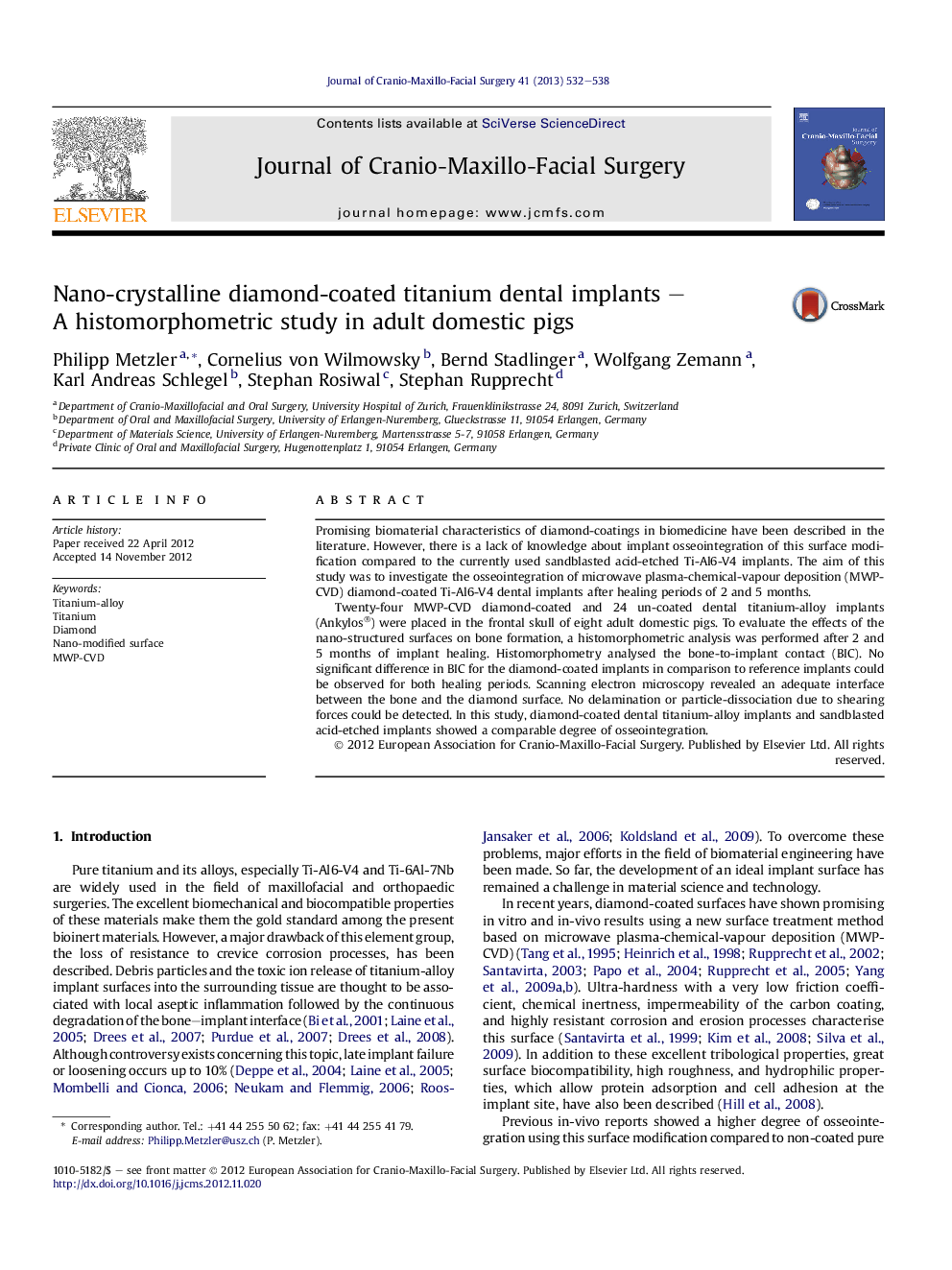 Nano-crystalline diamond-coated titanium dental implants – A histomorphometric study in adult domestic pigs