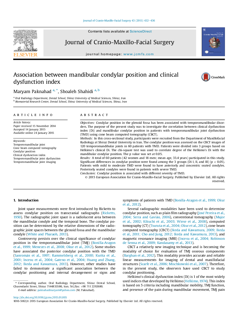 Association between mandibular condylar position and clinical dysfunction index