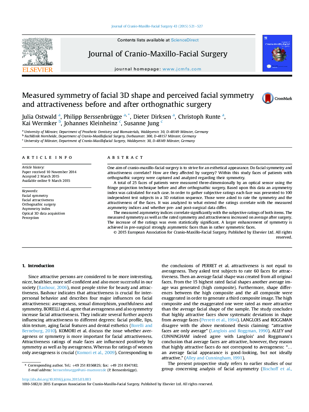 Measured symmetry of facial 3D shape and perceived facial symmetry and attractiveness before and after orthognathic surgery