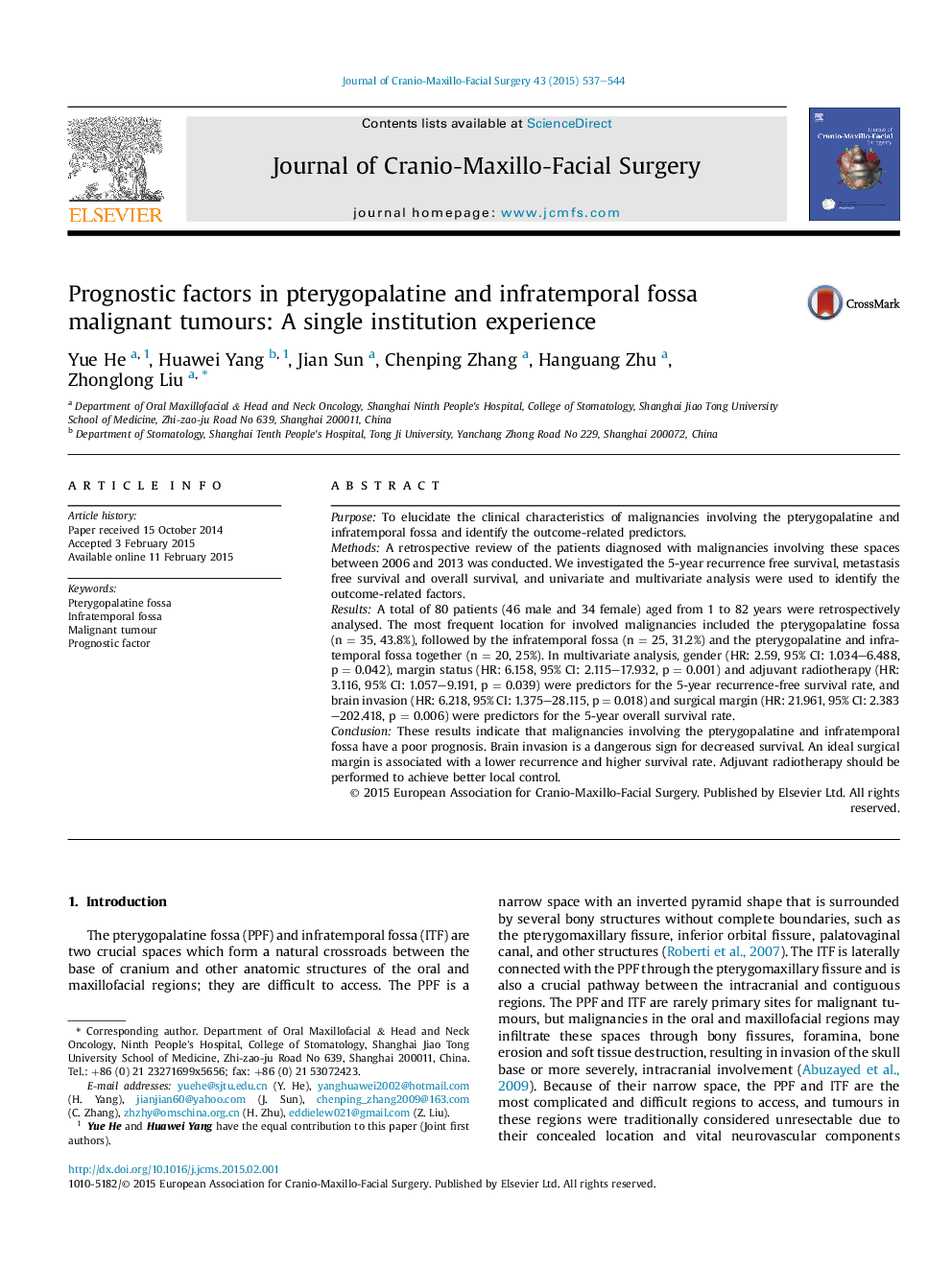 Prognostic factors in pterygopalatine and infratemporal fossa malignant tumours: A single institution experience