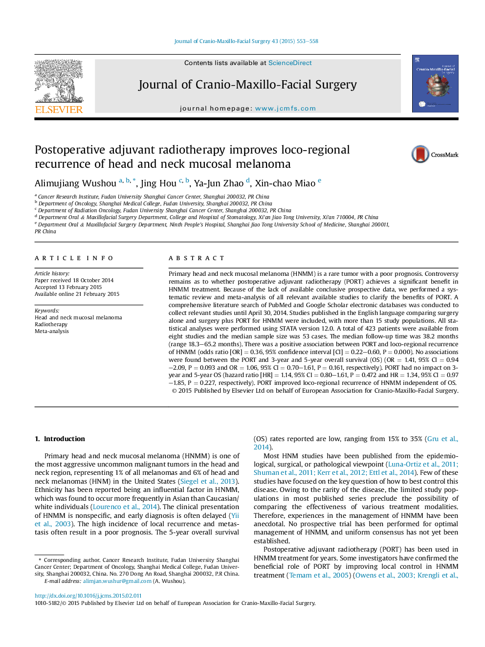 Postoperative adjuvant radiotherapy improves loco-regional recurrence of head and neck mucosal melanoma