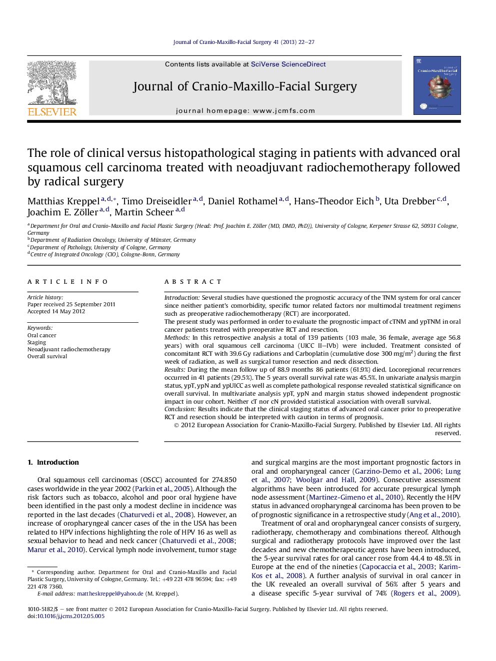 The role of clinical versus histopathological staging in patients with advanced oral squamous cell carcinoma treated with neoadjuvant radiochemotherapy followed by radical surgery