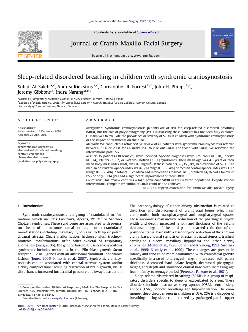 Sleep-related disordered breathing in children with syndromic craniosynostosis