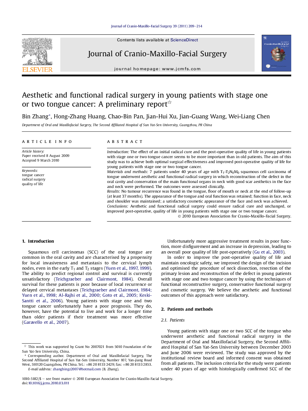 Aesthetic and functional radical surgery in young patients with stage one or two tongue cancer: A preliminary report 